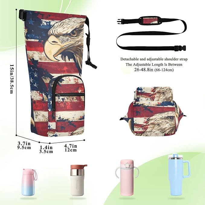 Blue and Red Eagle and Flag Water Bottle Holder with Strap Insulated Water Bottle Carrier Crossbody Bags Pouch with Phone Pocket for Travel Gym Hiking Walking Running