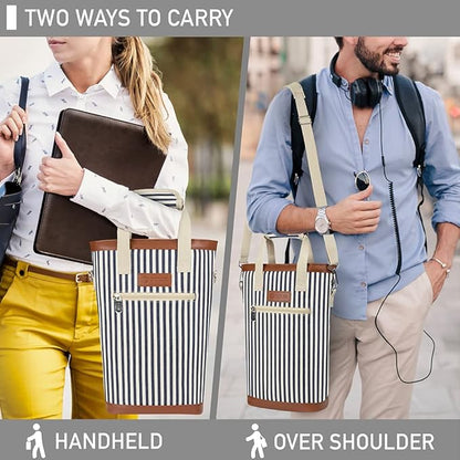 opux Two Bottle Wine Bag Carrier Tote, Insulated Leakproof 2 Bottle Wine Cooler Bag for Travel BYOB Picnic, Portable Wine Case, Gift for Men Women Wine Lover Birthday Party Christmas, Navy Stripes
