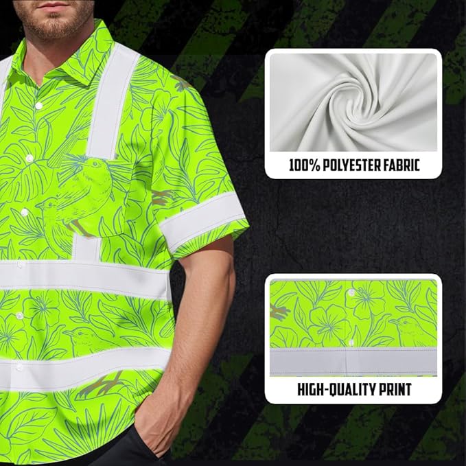 High Visibility Hawaiian Shirt for Men Tropical Shirts Custom Name Floral Outfit Reflective Safety Workwear