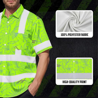 High Visibility Hawaiian Shirt for Men Tropical Shirts Custom Name Floral Outfit Reflective Safety Workwear