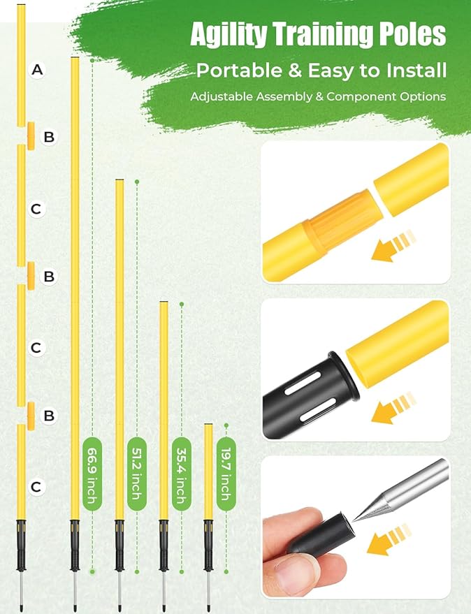 GHB Soccer Agility Training Equipment, 6 Agility Poles, 20ft Speed Ladder, 12 Disc Cones, Resistance Parachute, Jump Rope, 5 Resistance Bands, Soccer Training Poles for Speed Agility Training