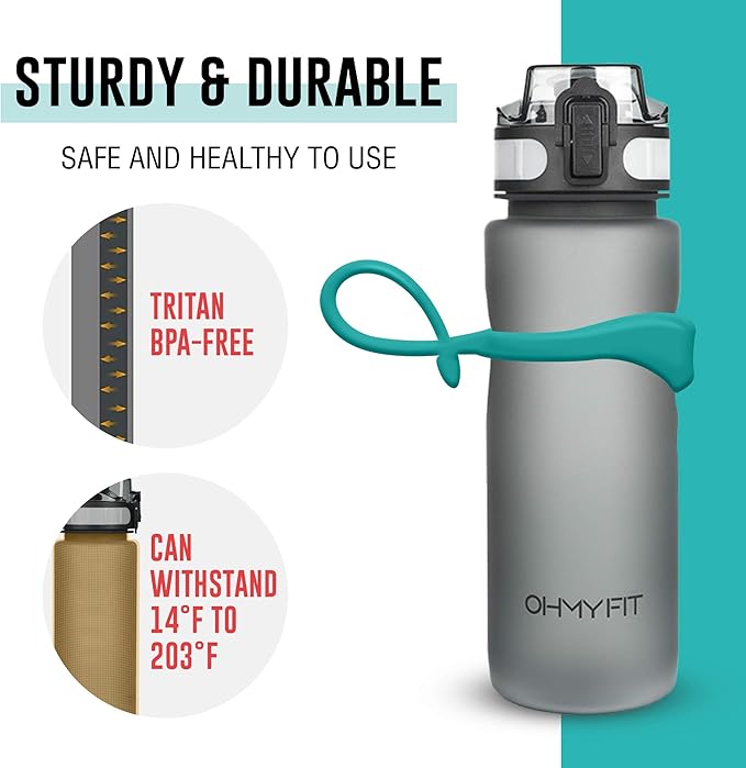 Tritan Sports Water Bottle with Magnetic Silicone Carry Strap & One Click Open Cap - Magnetic Drink Holder Great for Metal Equipment - Bottle w/Straps for Backpack, Belt & More (18 oz, Teal)