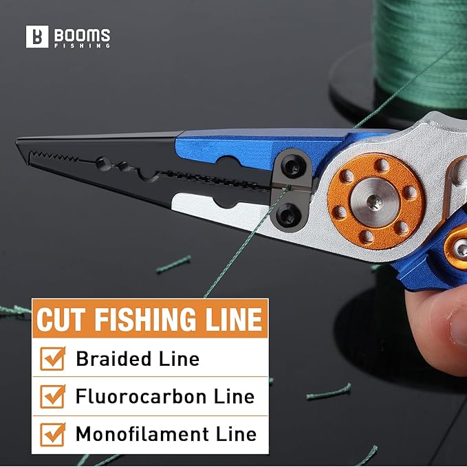 Booms Fishing X1 Aluminum Fishing Pliers Saltwater, Surf Fishing Tackle Kit, Fishing Multitool Hook Remover Braided Fishing Line Cutting and Split Ring with Coiled Lanyard and Sheath