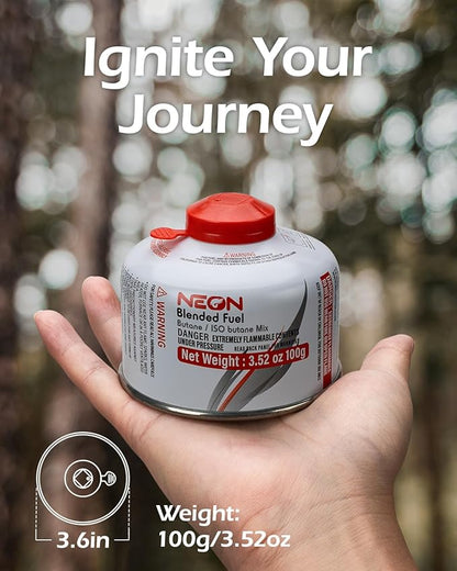 NEON Isobutane Fuel Canister, Portable Camping Gas 100g, Efficient and High Output Butane for Camp Stove, Backpacking, Hiking, Lanterns, Outdoor Cooking, Suitable for All Seasons