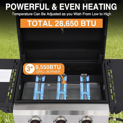 Propane Gas Grill with Folding Side Tables, 3-Burner Gas Grill with Cast Iron Grates and Stainless Steel Griddle Pan, Outdoor BBQ Grill Portable with Wheels 30000 BTU Output
