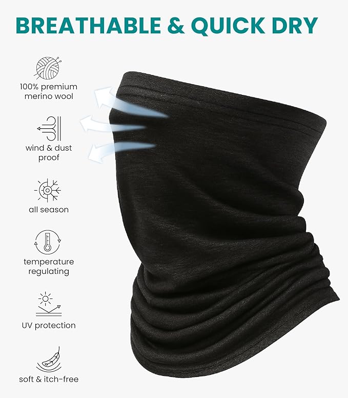Merino.tech Merino Wool Ski Neck Gaiter - Face Mask Neck Warmer for Men & Women