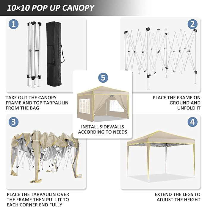COBIZI 10x10 Pop Up Canopy with 4 Sidewalls, Easy up Canopy for Events, Sports, Beach, Party, Outdoor Party Canopies with 4 Weight Bags, Stakes x4, Ropes x4, Khaki