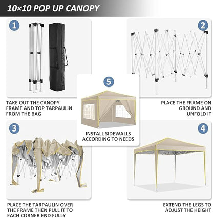 COBIZI 10x10 Pop Up Canopy with 4 Sidewalls, Easy up Canopy for Events, Sports, Beach, Party, Outdoor Party Canopies with 4 Weight Bags, Stakes x4, Ropes x4, Khaki