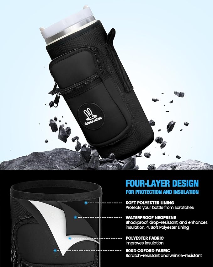 Sports rabbit Universal Water Bottle Holder – Durable Oxford & Neoprene Hybrid Design Compatible with Stanley 30/40oz Handled & 64/87oz Straight Tumblers, Adjustable Strap for Gym, Travel, Outdoors