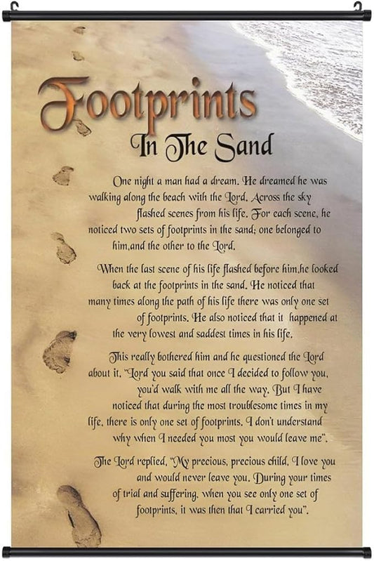 Footprints in the Sand Religious Canvas Wall Art Posters, Inspirational Beach Sunset Poem Print Poster (Black Axis 24x36inch, Footprints(3))