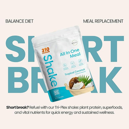 310 Nutrition All-In-One Meal Replacement Shake Powder - Plant-Based Protein Smoothie Blend w/High Fiber, Probiotics & Adaptogens - Low Carb, Vegan, Keto & Paleo Friendly - Tropical Coconut - 14 Srv