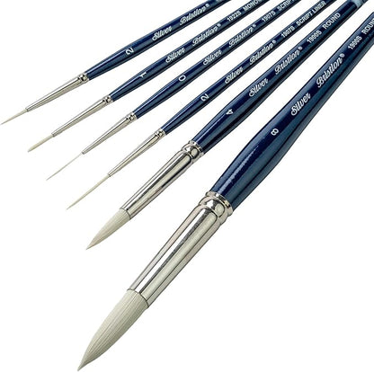 Silver Brush Limited BR-1958S Bristlon 6pc Detail Set, Premium Short Handle Artist Brushes with Stiff White Synthetic Tips, Round, Script Liner, Monogram Liner Acrylic, Oil, Watercolor, & All Media