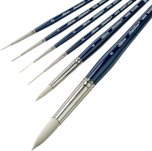 Silver Brush Limited BR-1958S Bristlon 6pc Detail Set, Premium Short Handle Artist Brushes with Stiff White Synthetic Tips, Round, Script Liner, Monogram Liner Acrylic, Oil, Watercolor, & All Media