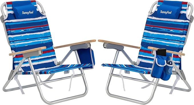 SUNNYFEEL Folding Beach Chair, Aluminum Heavy Duty Beach Chair with 3 Reclining Position, Portable Camping Chair for Adult, Low Back, Wood Armrest, Lightweight, 300lbs, Blue Stripe, 2 Pack