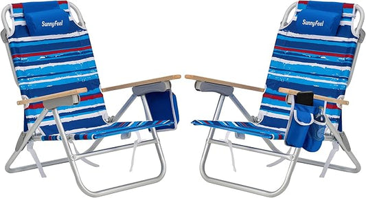 SUNNYFEEL Folding Beach Chair, Aluminum Heavy Duty Beach Chair with 3 Reclining Position, Portable Camping Chair for Adult, Low Back, Wood Armrest, Lightweight, 300lbs, Blue Stripe, 2 Pack