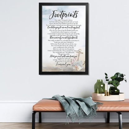 Footprints in the Sand Religious Canvas Wall Art Posters, Inspirational Beach Sunset Poem Print Poster (Black Framed 12x18inch, Footprints(6))