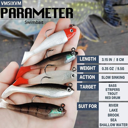 Soft Fishing Lures Shad Minnow Swimbaits, Pre-Rigged Jig Heads Paddle Tail Swim Baits for Bass, Trout, Walleye, Crappie, Sinking Jigs Bait for Saltwater Freshwater, Fishing Gifts for Men