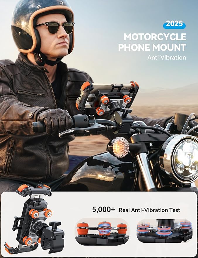 JOYROOM Motorcycle Phone Mount Holder - [Dual Vibration Dampener] 150mph Anti-Shock Phone Holder for Motorcycle [Upgrade Metal Handlebar Clamp] - Bike Phone Holder Mount for 4.7-7" Phones Orange