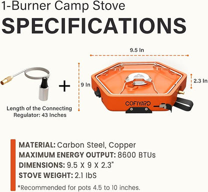 1-Burner Propane Stove Portable Camping Stove with Carry Strap, Backpacking Camp Stove for Outdoor Cooking, Flick-Style Ignition, Temperature Control, 8600 BTUs of Power for Camping BBQ& More