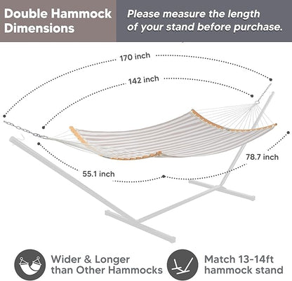 SUNCREAT Hammocks 14 FT Quick Dry Hammock Double Size with Spreader Bar, 2 Person Hammock for Outdoor Patio Yard Poolside, 450 lbs Capacity, Light Gray