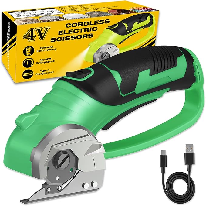 Cordless Electric Scissors, 4V Box Cutter & Cardboard Cutter with Upgrade Blade, LED Light, Safety Lock - Rechargeable Rotary Cutter for Fabric, Leather, Plastic, Sewing, Industrial (Lime Green)