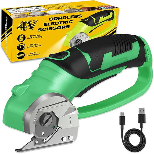 Cordless Electric Scissors, 4V Box Cutter & Cardboard Cutter with Upgrade Blade, LED Light, Safety Lock - Rechargeable Rotary Cutter for Fabric, Leather, Plastic, Sewing, Industrial (Lime Green)