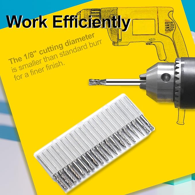 Mini Carbide Burrs Set 1/8’’ Shank Solid Tungsten Carbide Burrs with 1/8’’ Cutting Head Double Cut Rotary File for Die Grinder Rotary Drill Tool 20pcs for Carving Grinding Engraving Polishing Bit