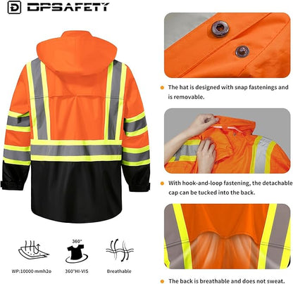 Reflective Rain jackets for men waterproof,Hi Vis Safety Coat With Reflective Strips，High Visibility Class 3 Rain jackets With 2 large pockets，Zipper,Orange,4XL/5XL