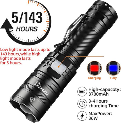 SuperFire Tactical Flashlight - 2300 Lumens Rechargeable LED Flashlight | 5 Modes & Clip | Long-Lasting & Dependable Light for Mechanics, Hiking, Camping, Emergency, Home Use (V8-S)