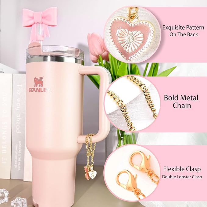 Pink Bow for Stanley Straw Topper- 3pcs Cute Cup Bow Straw Cover Silicone Cap 10mm with 2pcs Initial Letter Charms Name Id Personalized Accessories 40/30 Oz Tumbler Water Bottle Cups A