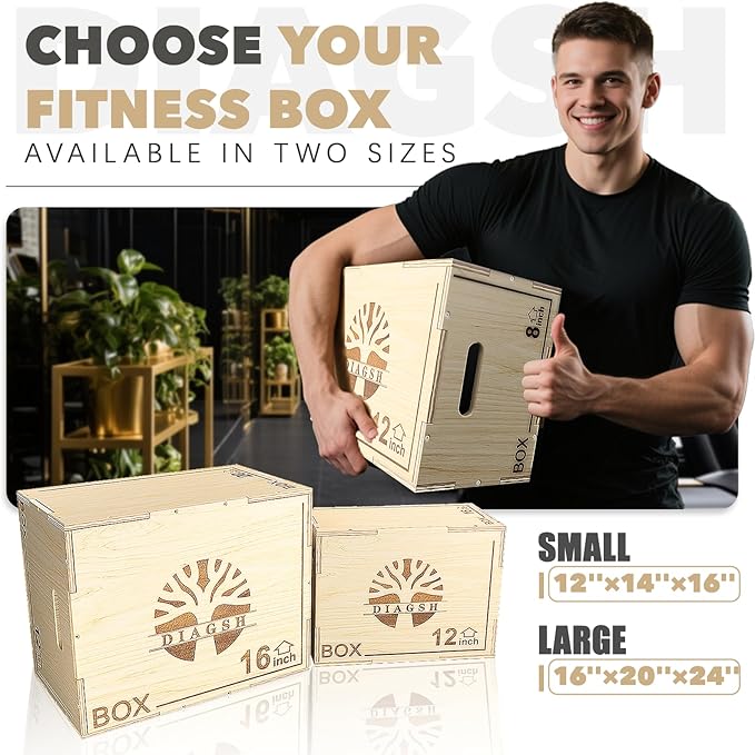 Plyo Box - 3-in-1 Wood Plyometric Jump Platform (16"x12"x8") for Home Gym Training - Ideal for Jumps, Squats & Conditioning-1 Piece
