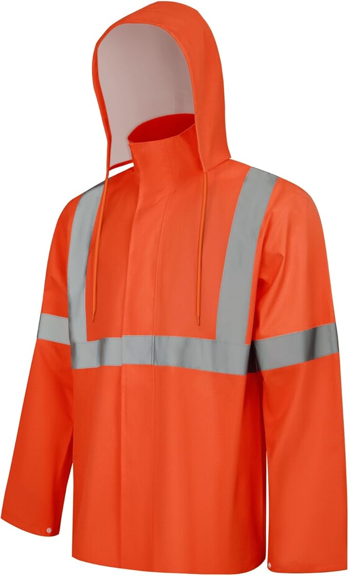 High Visibility Rain Suit, High Vis Rain Suit for Men, Waterproof Rain Jacket with Hood, Class 3 Lightweight Hi Vis Rain Gear for Outdoor & Safety Work, Men Women, Orange T, 4XL-5XL