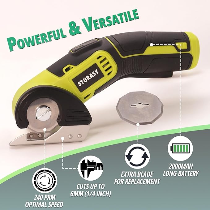 Cordless Electric Scissors, Power Cardboard Cutter with Safety Lock, 4V 2000mAh Electric Box Cutter for Cardboard, Fabric, Carpet, Leather, Paper, Plastic, Packages, Green Rotary Cutter