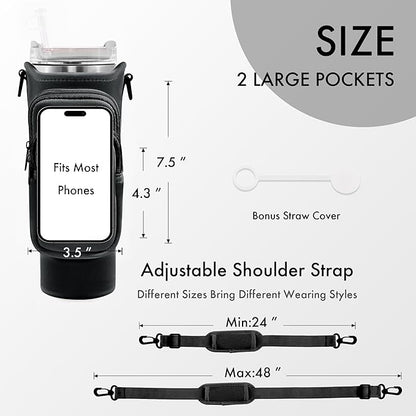 Water Bottle Carrier Bag with Phone Pocket for Stanley Cup 40/30 oz, Water Bottle Holder with Adjustable Strap& Straw Cover, Stanley Cup Accessories