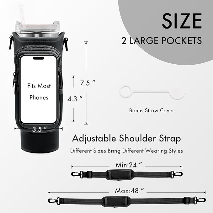 Water Bottle Carrier Bag with Phone Pocket for Stanley Cup 40/30 oz, Water Bottle Holder with Adjustable Strap& Straw Cover, Stanley Cup Accessories