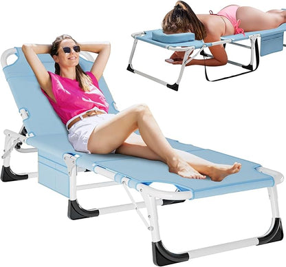 DoCred Heavy Duty Tanning Chair with Face Hole, Adjustable 5-Position Folding Chaise Lounge Chairs for Outside, Portable Lay Flat Beach Lounge Chair for Outdoor Sunbathing Beach Pool Lawn Camping