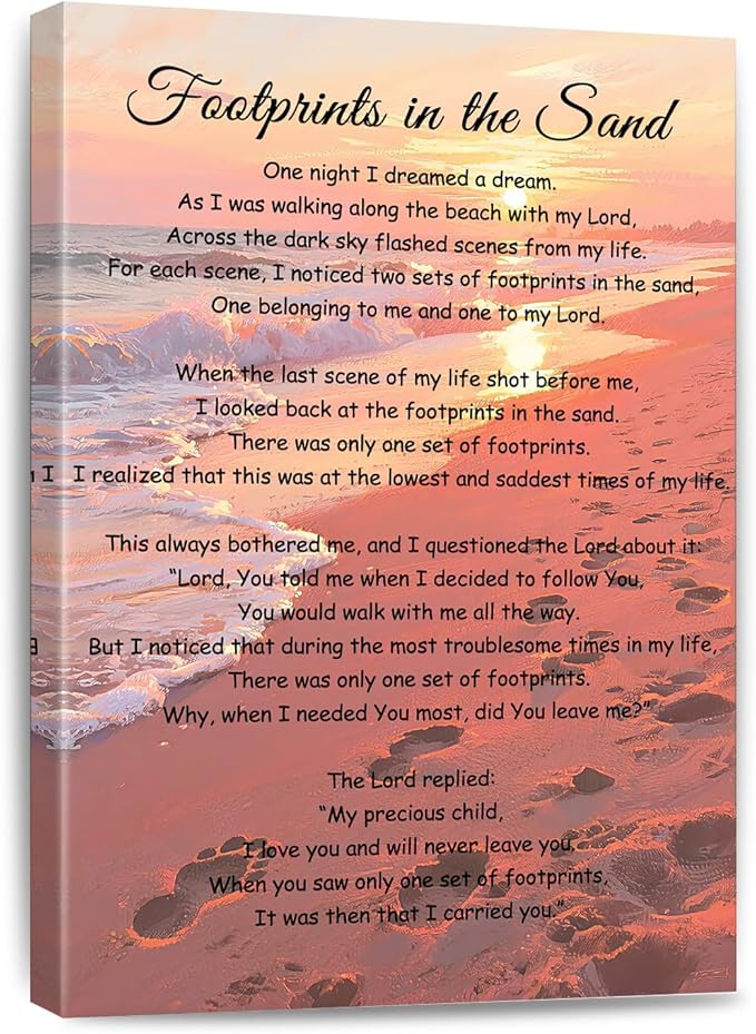 Footprints In The Sand Wall Art Religious Poem Poster Jesus Christian Print Retro Canvas Motivational Quotes Painting Pictures Home Decor Framed 16 * 24 Inch