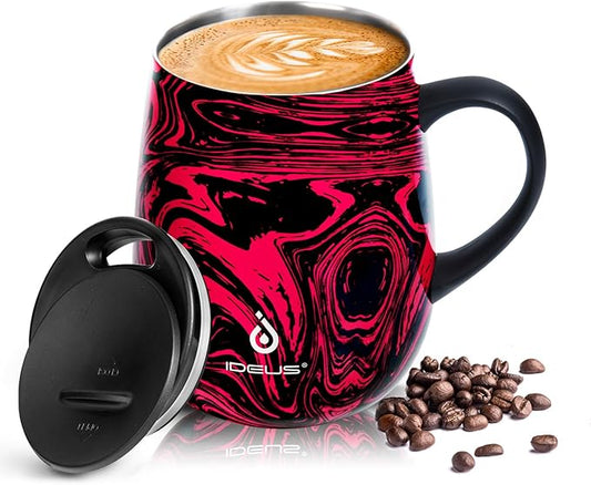 Ideus 16 oz (470 ml) Insulated Coffee Mug with Handle and Lid, Double Wall Stainless Steel Vacuum Thermal Coffee Mug, Travel Coffee Cup Thermal Cup for Home and Office (Red Zebra)