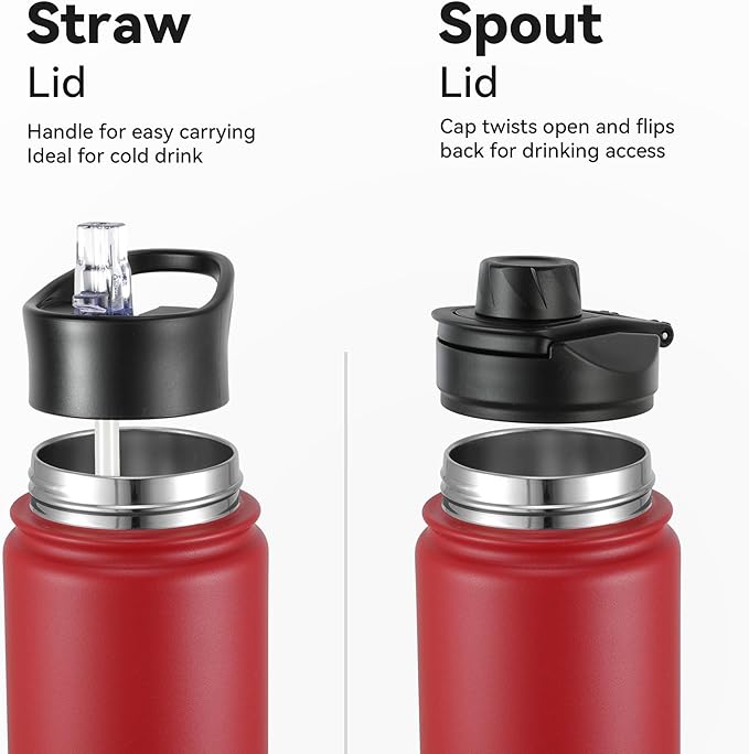 16 oz Insulated Water Bottle with Straw Lids, Stainless Steel Kids Water Bottles for School, Double Wall Vacuum Metal Water Bottle with Straw & Wide Mouth Lid, Red 8 Pack