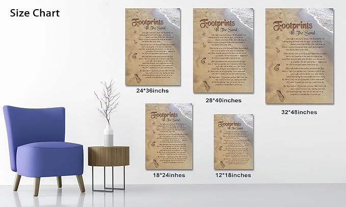 Footprints in the Sand Canvas Prints Wall Art, Footprints in the Sand Wall Art Decor, Inspirational Christian Poem Wall Poster Gift, Beach Picture Wall Art for Living Room Beach Office 12"Wx18"HInches