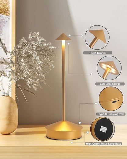 Modern Cordless Table Lamp Set of 2, Portable LED Desk Lamps, 6000mAh Rechargeable Battery Operated Lighting for Bedroom Dining Room Restaurant Coffee Shop Camping Night Light (Gold)