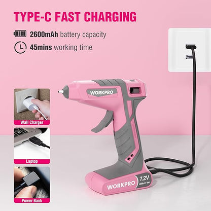 WORKPRO Cordless Hot Glue Gun, 30s Fast Preheating, 7.2V Dual-Temp Glue Gun Kit with 50pcs Glue Gun Sticks, Storage Bag, USB-C Charging Cord, 2600mAh Battery for DIY and Crafting