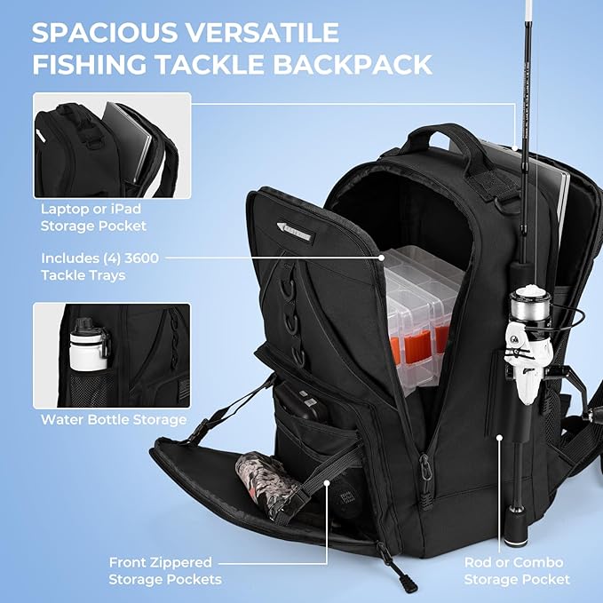 KastKing KarryAll Fishing Tackle Backpack with Rod Holder 4 Tackle Boxes,40/26L Tackle Bag Storage Fishing Gear and Equipment