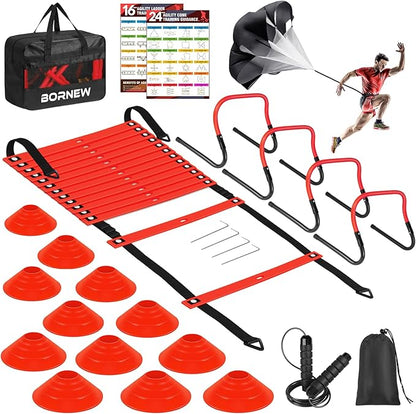 Agility Speed Training Equipment Set, Football Practise Set with 20ft Agility Ladder, 12 Cones, 4 Adjustable Hurdles, Jump Rope, Parachute, for Basketball, Soccer, Football, Kids, Youth, Adults