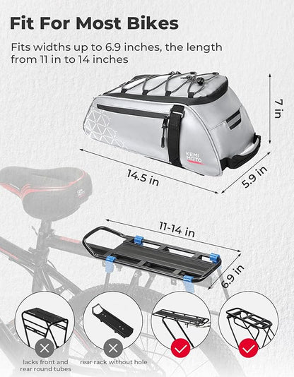 KEMIMOTO Rear Bike Rack Bag, 8L Full Reflective PVC Water Resistant Bicycle Trunk for Road and Mountain Bikes, Ebike Rack Bag with Side Pockets for Cycling Travel Commute