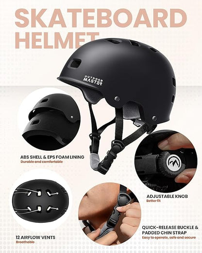 OutdoorMaster Skate Protective Gear Set for Adult & Youth, Skateboard Helmet Knee and Elbow Pads with Wrist Guards for Scooter, Inline Roller Skating, Skateboarding