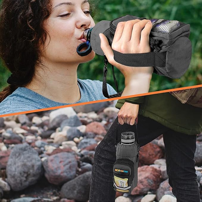 SUN CUBE Water Bottle Carrier with Strap, Insulated Water Bottle Carrier Bag with Phone Pocket Pouch, Sleeve Sling Purse Crossbody Bottle Holder for Walking, Sports, Hiking Accessories 40/64 oz