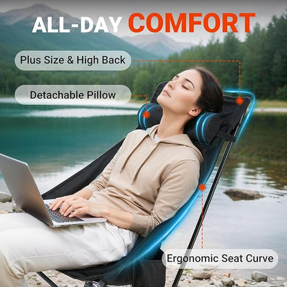Overmont Portable High-Back Camping Chair - 440LBS Support Oversized Lightweight Folding Backpacking Chair for Adults - Compact with Detachable Pillow for Outdoor Travel Hiking Beach Fishing