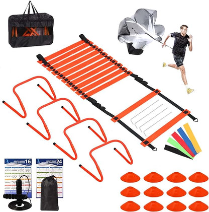 Agility Ladder, Agility Speed Training Set, 20ft 12 Rung Agility Ladder, 4 Agility Hurdles, 5 Resistance Bands, 12 Resistance Cones, Running Parachute, Jump Rope for Athletes, Adults