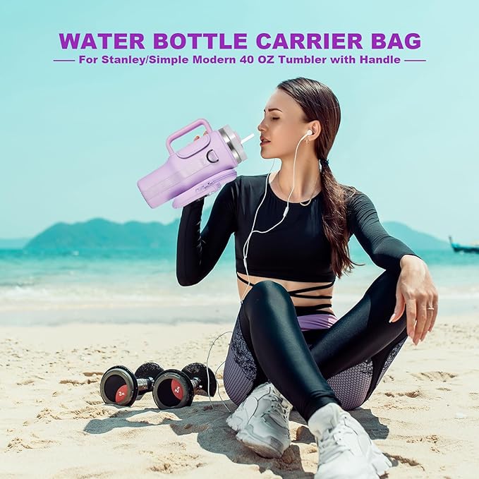 Water Bottle Carrier Bag with Phone Pocket for Stanley 40 & 30 oz Tumbler with Handle,Pink Insulated Neoprene Cup Holder Pouch w/Adjustable Strap for Quencher H2.0 Stanley Cup Accessories